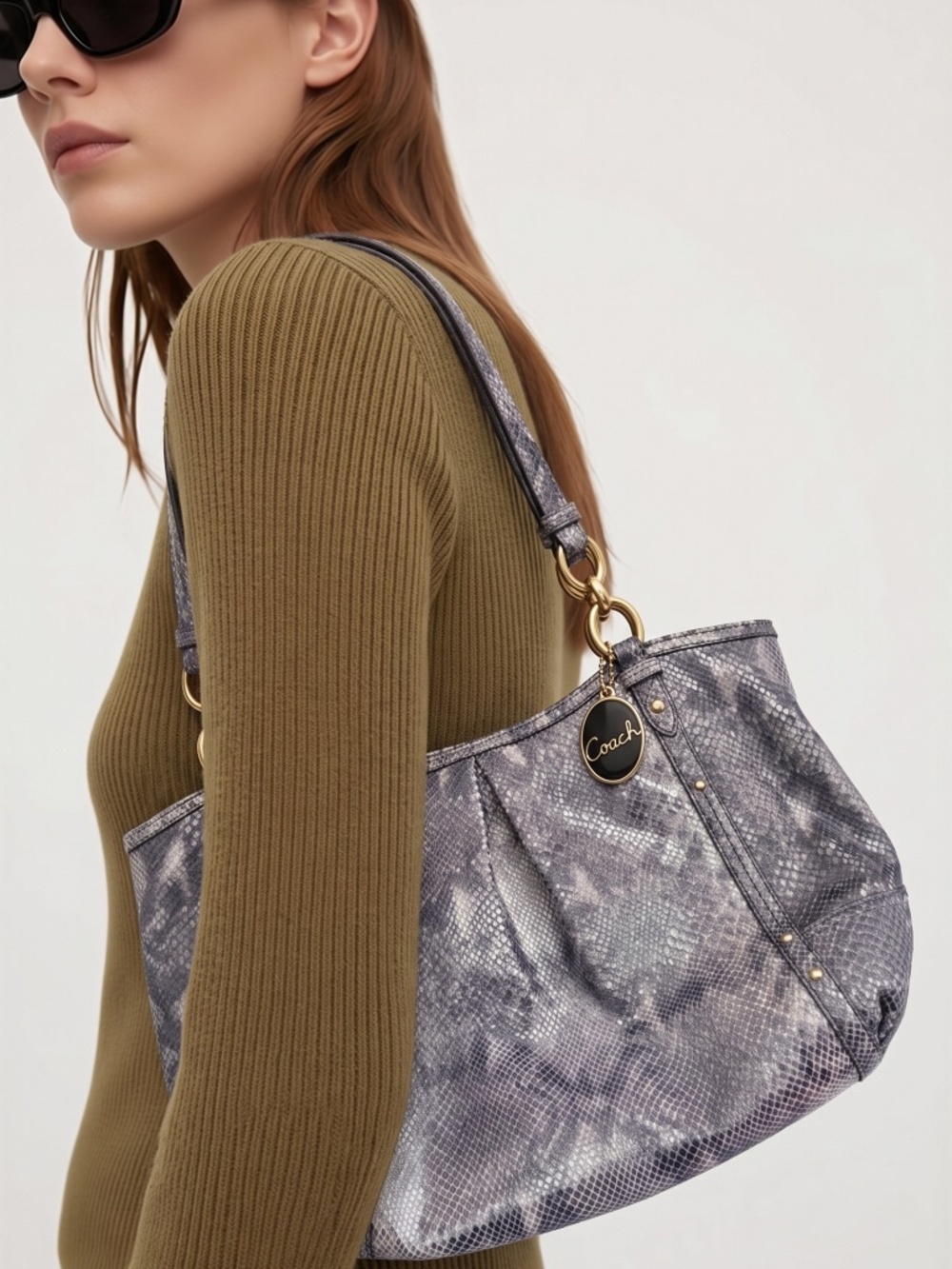 Coach Alexandra Python-Embossed Blue/Gray Shoulder Bag with Gold Hardware. EUC.